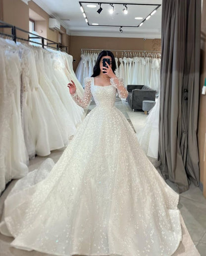 Luxury A-line Wedding Dress Square Neck Long Sleeves Lace Sequin Bridal Gown     cg26038
