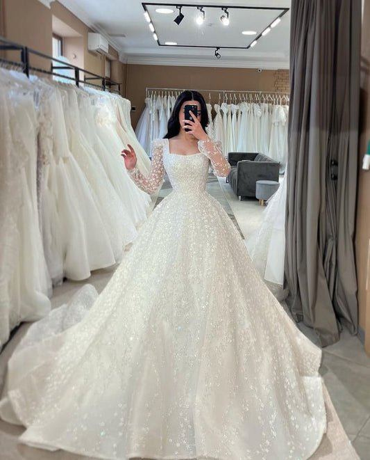 Luxury A-line Wedding Dress Square Neck Long Sleeves Lace Sequin Bridal Gown     cg26038