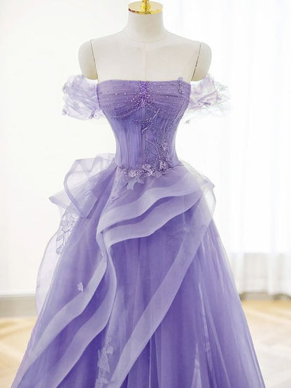 A-Line Off Shoulder Tulle Lace Purple Long Prom Dress, Purple Lace Long Formal Dress    cg25024