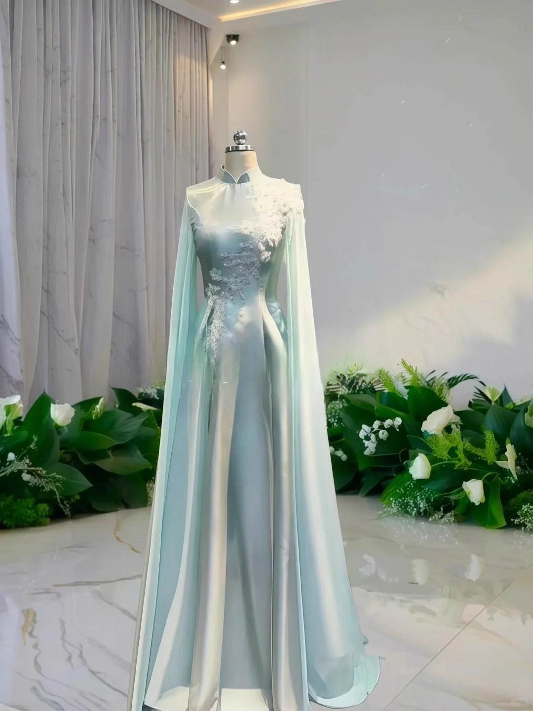 shopuniqlos-Light green floral bead long satin ball gown Prom dress ceremonial dress long sleeved gh5309