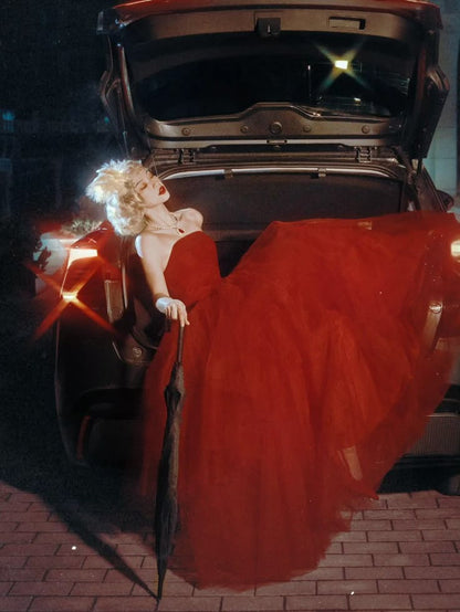 Red A Line Tulle Strapless Prom Dresses Party Evening Dress   cg25459