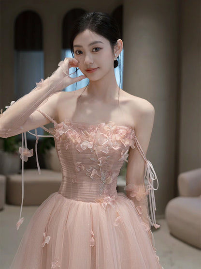 A Line Pink Long Formal Dress Tulle Evening Dresses     fg7673
