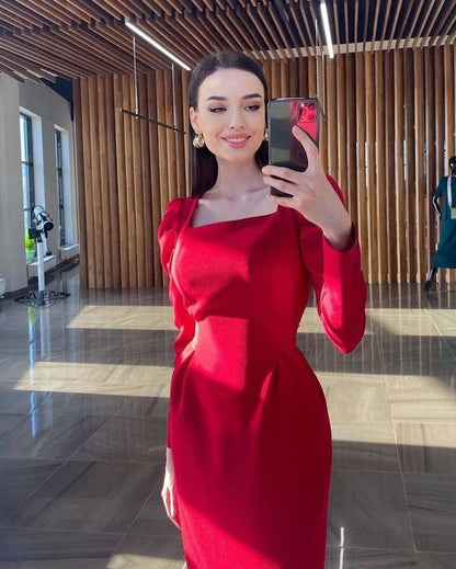 Vestidos de fiesta rojos de moda para dama, vestido de fiesta largo hasta la rodilla