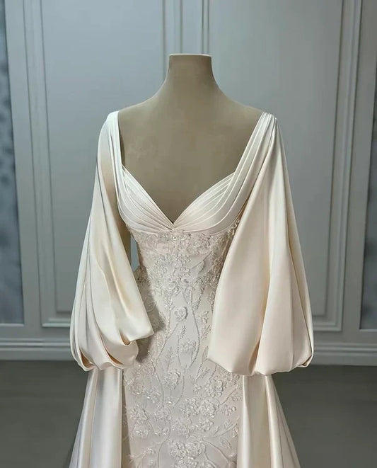 shopuniqlos-Ivory white long-sleeved satin long floor-length wedding dress prom dress gh5390