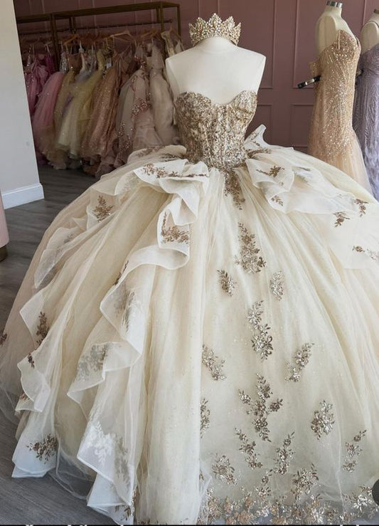 Elegante vestido de quinceañera de corte A con apliques de cuentas y escote en forma de corazón, brillante, para fiesta de cumpleaños, noche, baile, TP4526