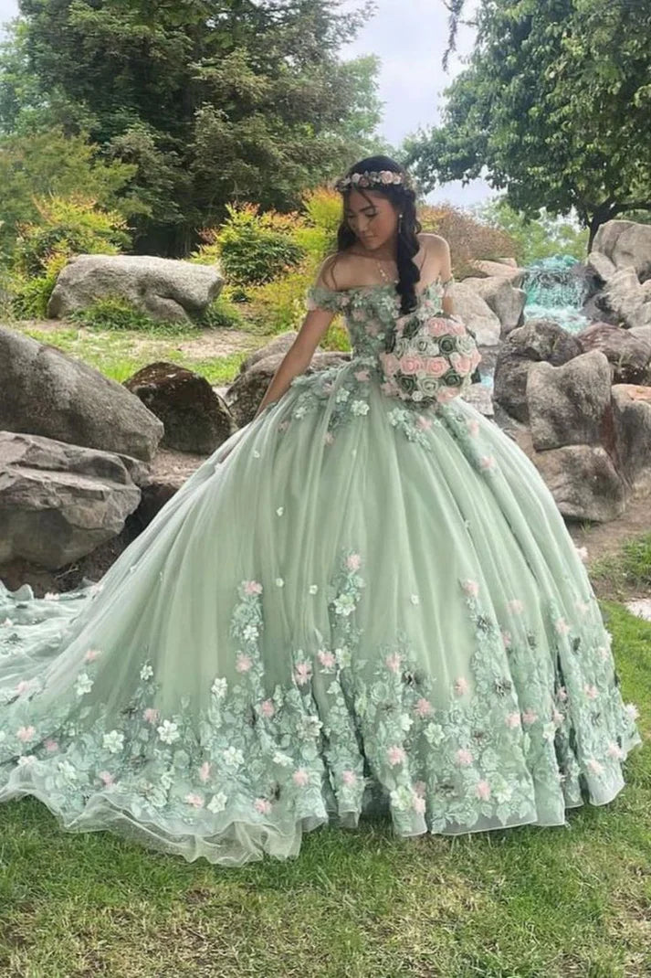 Elegante vestido de quinceañera verde salvia con apliques y hombros descubiertos, corte en A, largo hasta el suelo, para fiesta de graduación, cumpleaños, noche, baile, TP4533