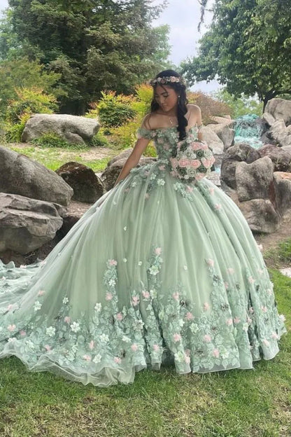 Elegante vestido de quinceañera verde salvia con apliques y hombros descubiertos, corte en A, largo hasta el suelo, para fiesta de graduación, cumpleaños, noche, baile, TP4533