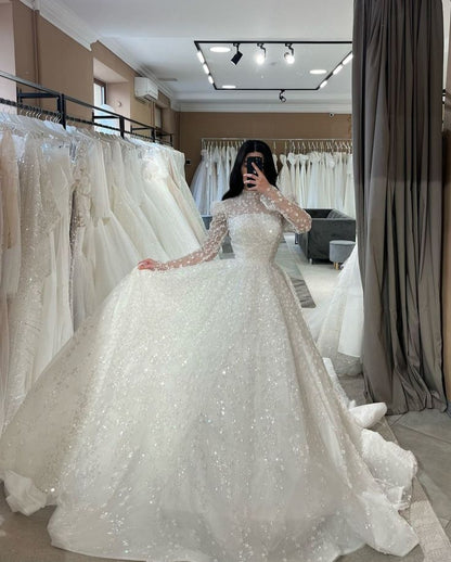 Luxury A-line Wedding Dress Square Neck Long Sleeves Lace Sequin Bridal Gown     cg26038