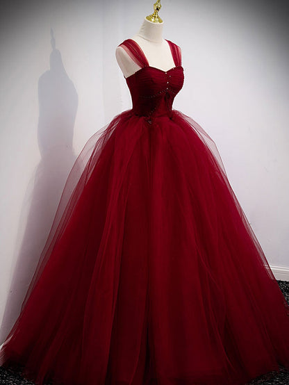 Vestido de fiesta largo de tul con escote corazón color burdeos, vestido de noche color burdeos