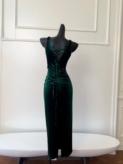 Green Velvet Vintage Evening Dresses,Sleeveless Party Gowns  cg25488