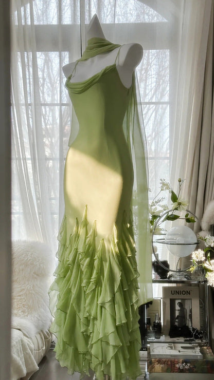 Green Stylish Elegant Spaghetti Straps Long Ruffled Mermaid Slim Fit Chiffon Ball Gown Birthday Party Dress Evening Dress Prom Dress gh3976
