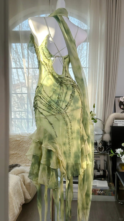 Green Romantic Elegant Exquisite Beaded Backless Long Chiffon Ruffle Homecoming Dress Prom Dress Evening Dress Birthday Vacation Party Dress gh4008