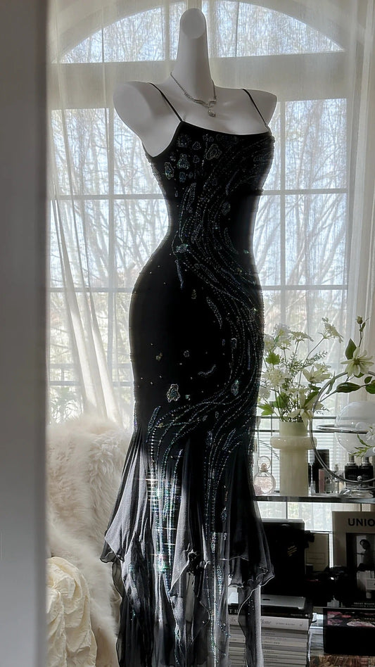 Black Shiny Luxury Gorgeous Exquisite Beaded Long Mermaid Mermaid Dress Chiffon Fairy Ball Dress Evening Dress Wedding Guest Party Dress Prom Dress Date Dress Graduation Dress gh3992