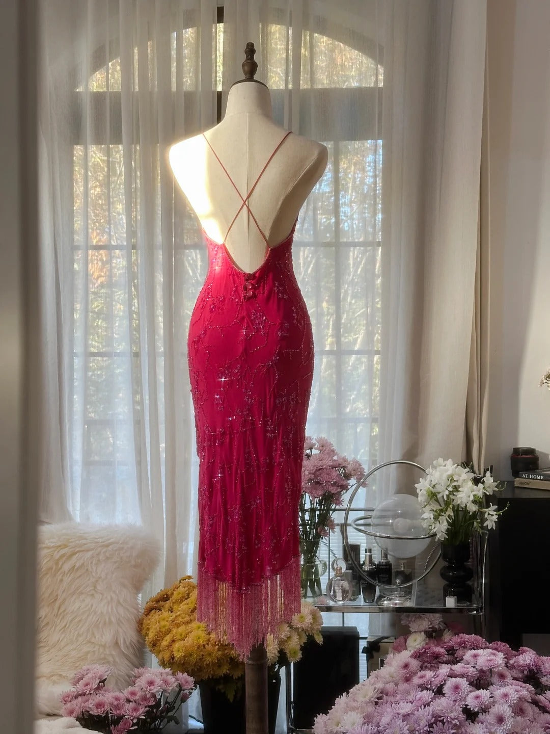 Pink Fashion Elegant Exquisite Beaded Spaghetti Strap Midi/Short Mermaid Slim Chiffon Ball Gown Evening Dress Birthday Party Dress Prom Dress Wedding Dress gh4098