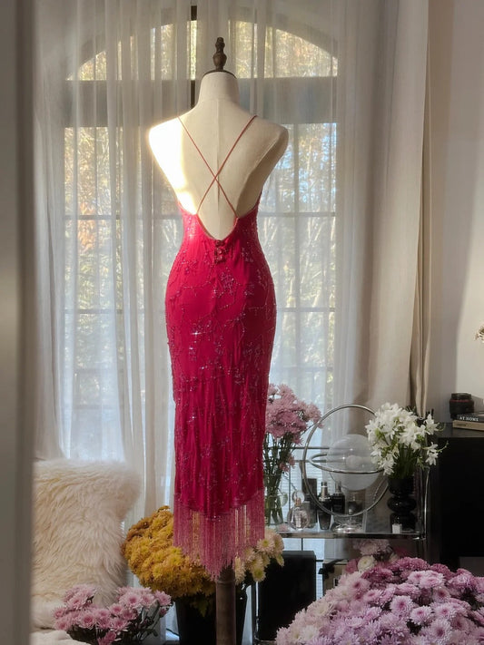 Pink Fashion Elegant Exquisite Beaded Spaghetti Strap Midi/Short Mermaid Slim Chiffon Ball Gown Evening Dress Birthday Party Dress Prom Dress Wedding Dress gh4098