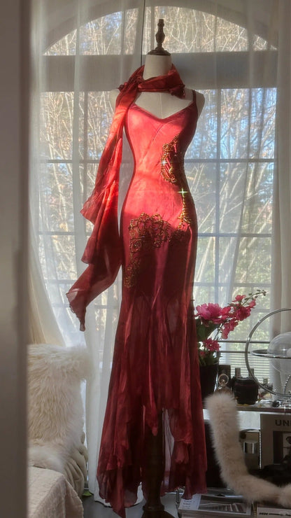 Red Romantic Fashion Elegant Exquisite Lotus Gold Beaded Long Chiffon Fishtail Skirt Mermaid Slim Ball Gown Evening Dress Birthday/Wedding Guest/Holiday Party Dress Prom Dress Valentine's Day Date Dress gh4029