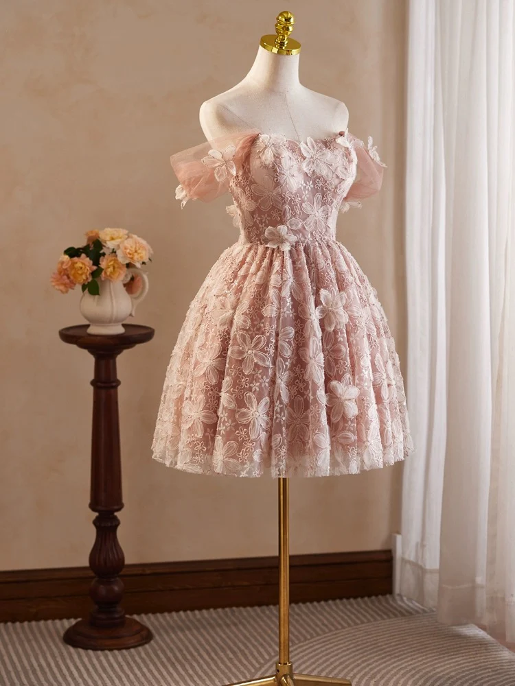 Retro Pink Applique Off-the-shoulder Design A-line Tulle Party Dress Homecoming Dress TP4068