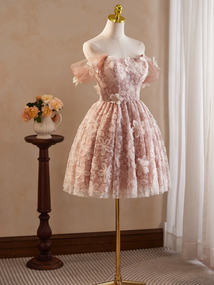 Retro Pink Applique Off-the-shoulder Design A-line Tulle Party Dress Homecoming Dress TP4068