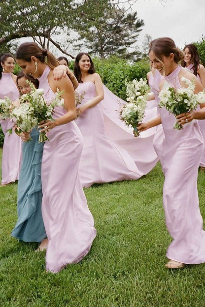 Simple Sheath Halter White Satin Open Back Evening Dress Bridesmaid Dress SH2694