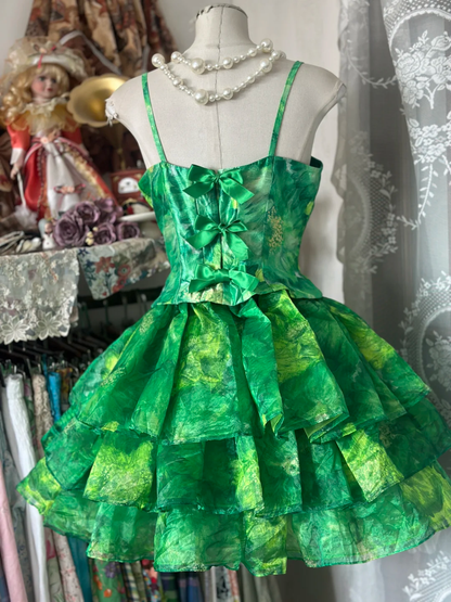 Vestido de fiesta vintage verde con diseño tie-dye, corte A, corto, escalonado, TP4200