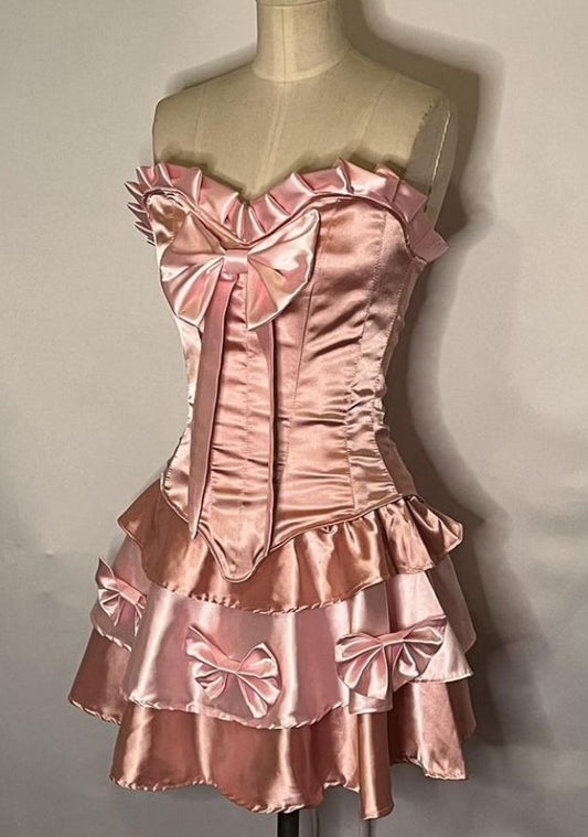 Pink Sweet Bow Short Satin Homecoming Dress Birthday Dress gh4626