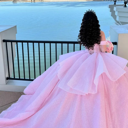 Hermoso vestido de quinceañera largo de tul rosa con hombros descubiertos, vestido formal de 15 años, vestido de dulces 16 DH1841