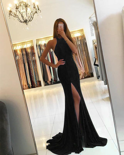 Vestido de noche sexy de sirena con espalda descubierta y abertura