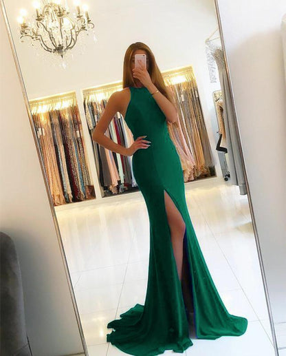 Vestido de noche sexy de sirena con espalda descubierta y abertura