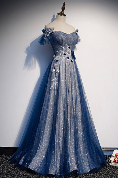 Blue Tulle Long A-Line Prom Dress, Off the Shoulder Evening Party Dress