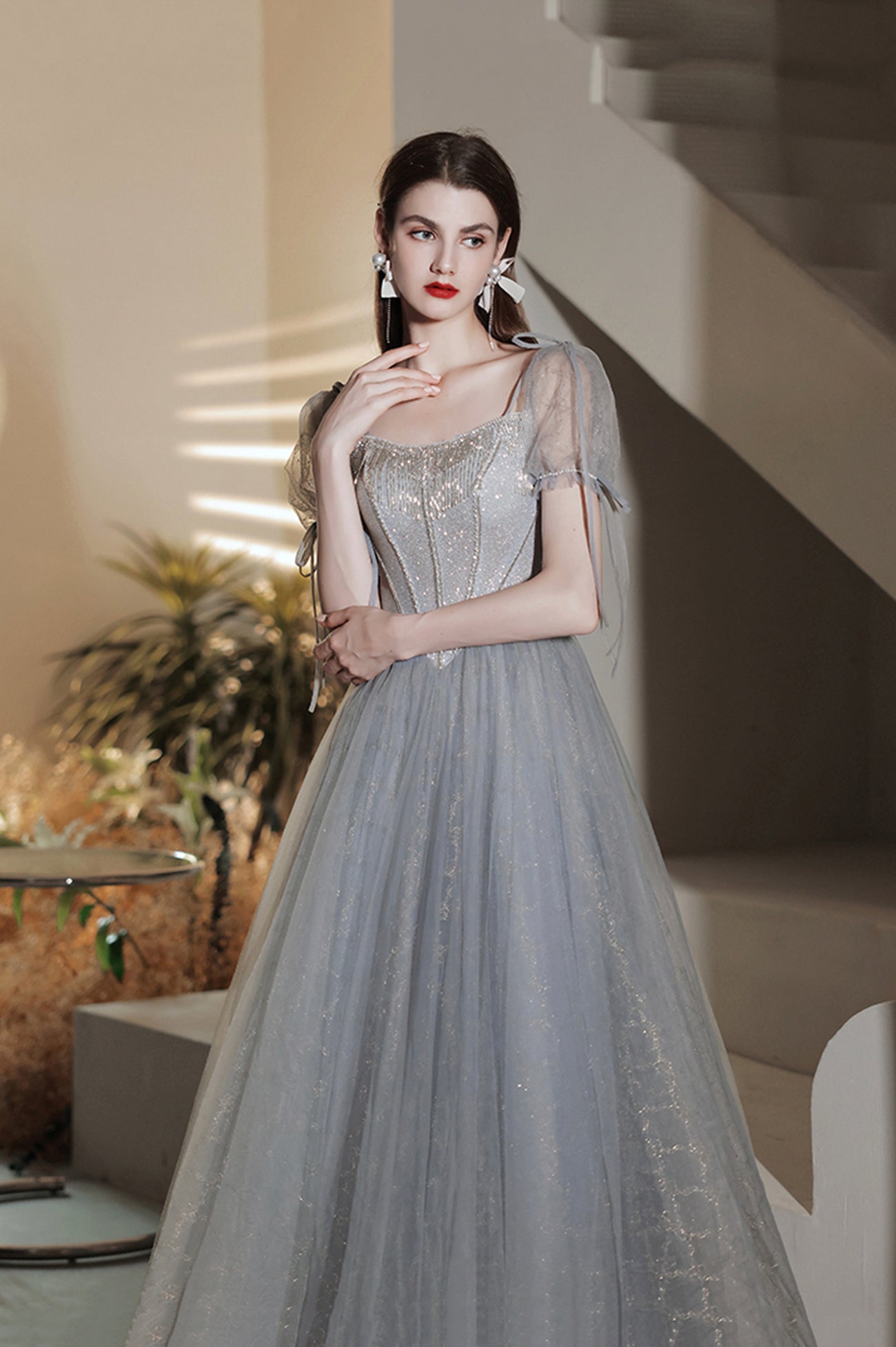 Gray Tulle Sequins Short Prom Dress, A-Line Short Sleeve Homecoming Party Dress