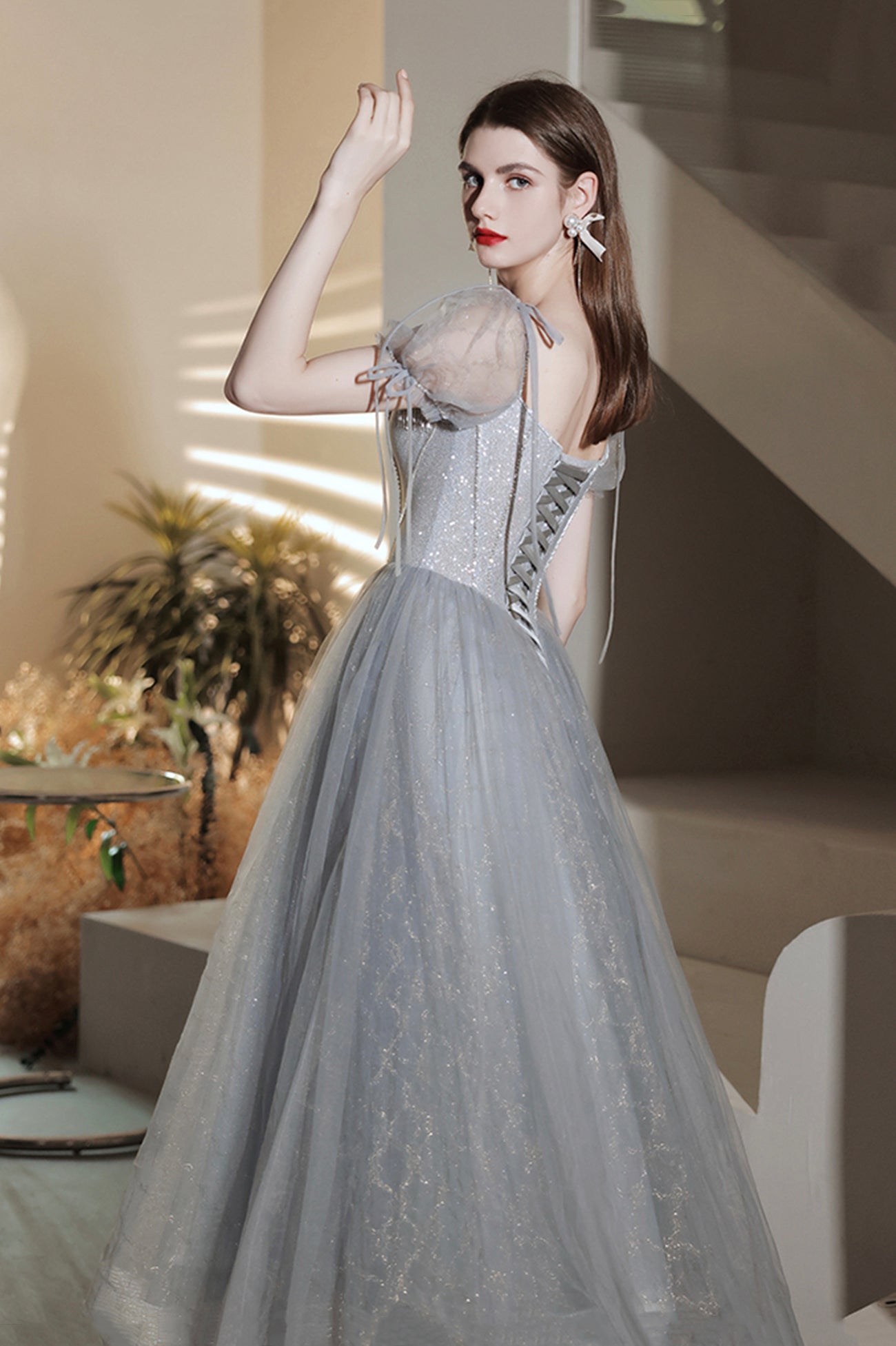 Gray Tulle Sequins Short Prom Dress, A-Line Short Sleeve Homecoming Party Dress