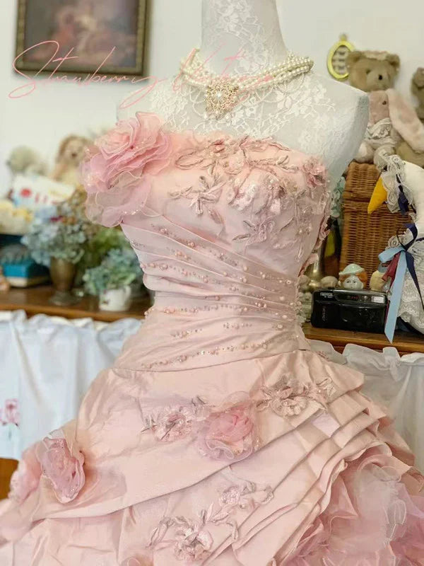 Elegante vestido de quinceañera rosa con flores 3D, corte A, largo hasta el suelo, para fiesta de cumpleaños, noche, baile, TP4421