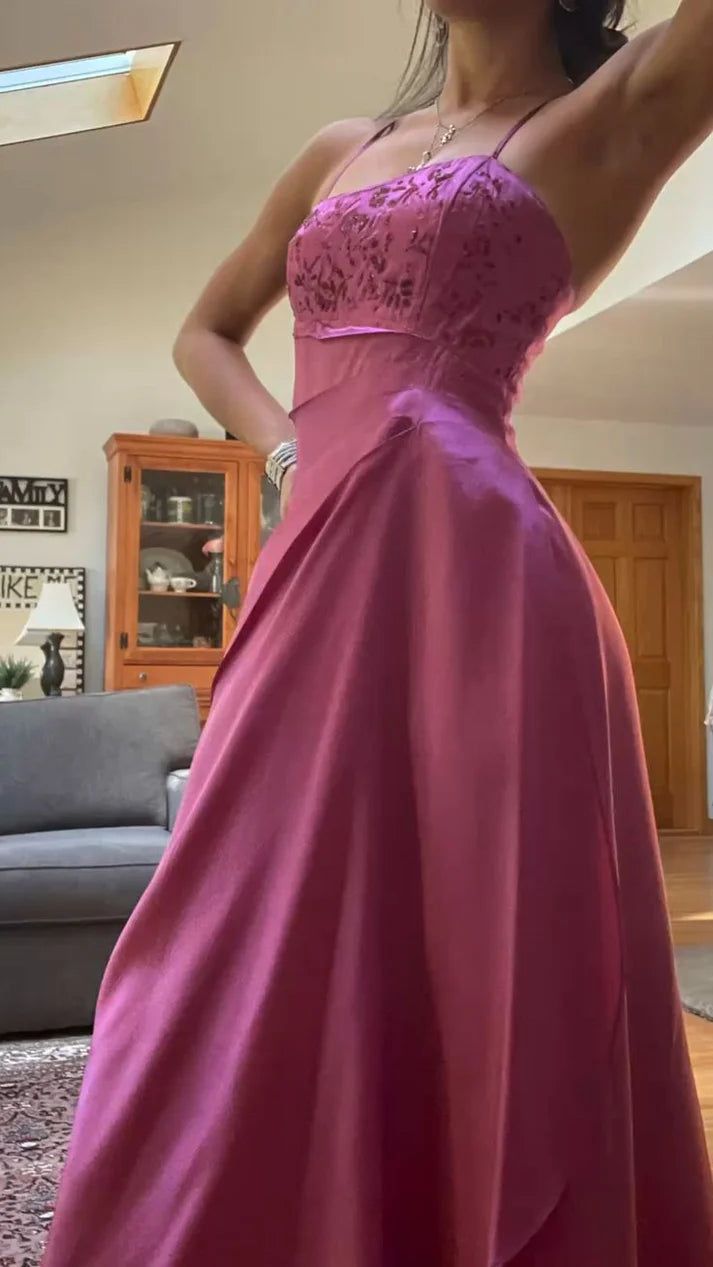Vestido de fiesta largo fucsia con tirantes finos, satén, corte A y cuentas, para dama de honor, DP488