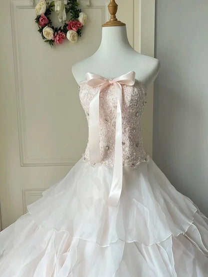 Princess A Line Sweetheart Neck Rhinestone Tiered Light Pink Tulle Party Dress Birthday Dress SH2885