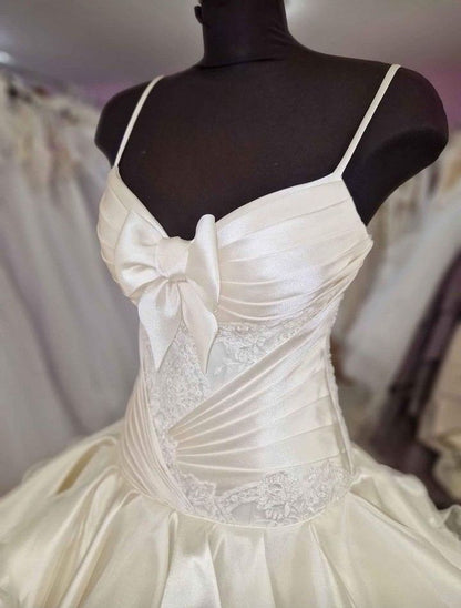 Ivory fashion unique elegant bow A-line long satin tulle princess ball gown evening dress wedding dress adult ceremony dress gh3555