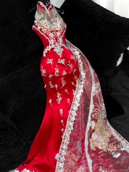 Vestido de noche elegante de corte sirena con bordado de lentejuelas y cuentas rojas brillantes, TP4209