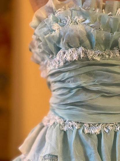1940s Teal Vintage A Line Strapless Layered Organza Gown Homecoming Dress SH3661
