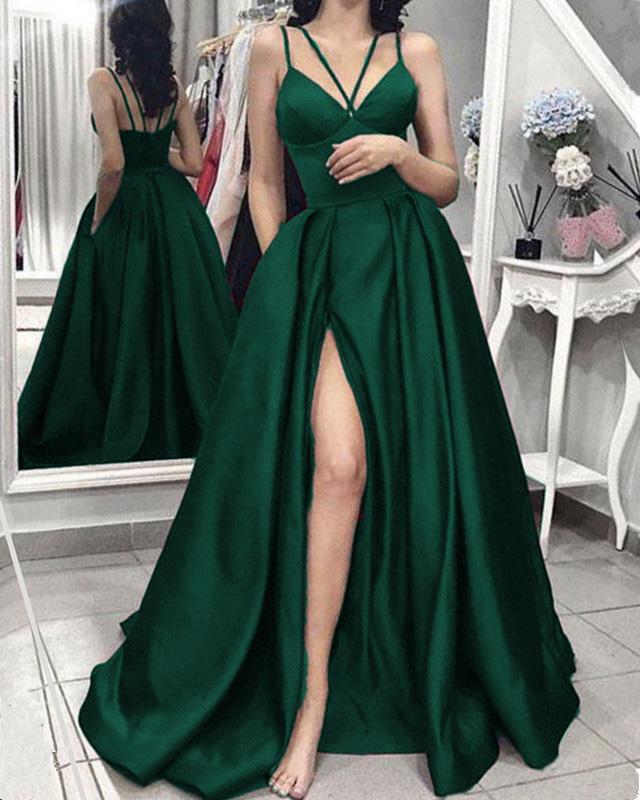 Vestidos de fiesta largos de satén con escote en V y tirantes finos, vestido formal