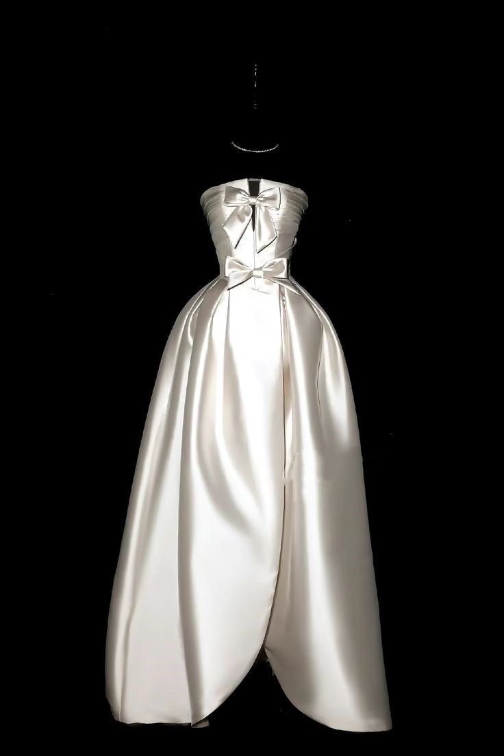 shopuniqlos-Ivory white bow satin long wedding dress prom dress gh5389