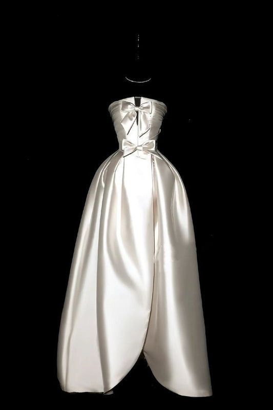 shopuniqlos-Ivory white bow satin long wedding dress prom dress gh5389