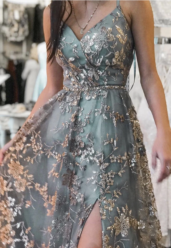 Stylish Tulle Sequins Long Prom Dresses, Backless Slit Long Graudtion Gown GP335