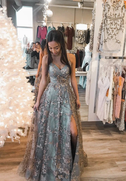 Stylish Tulle Sequins Long Prom Dresses, Backless Slit Long Graudtion Gown GP335