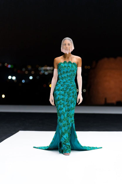 Gorgeous Sheath Strapless Bead Sequin Green Satin Long Sweep Party Dress with Slit SH2713