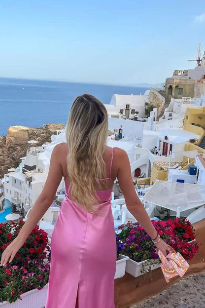 Vestido largo de fiesta rosa con tirantes sencillos y corte tubo para verano