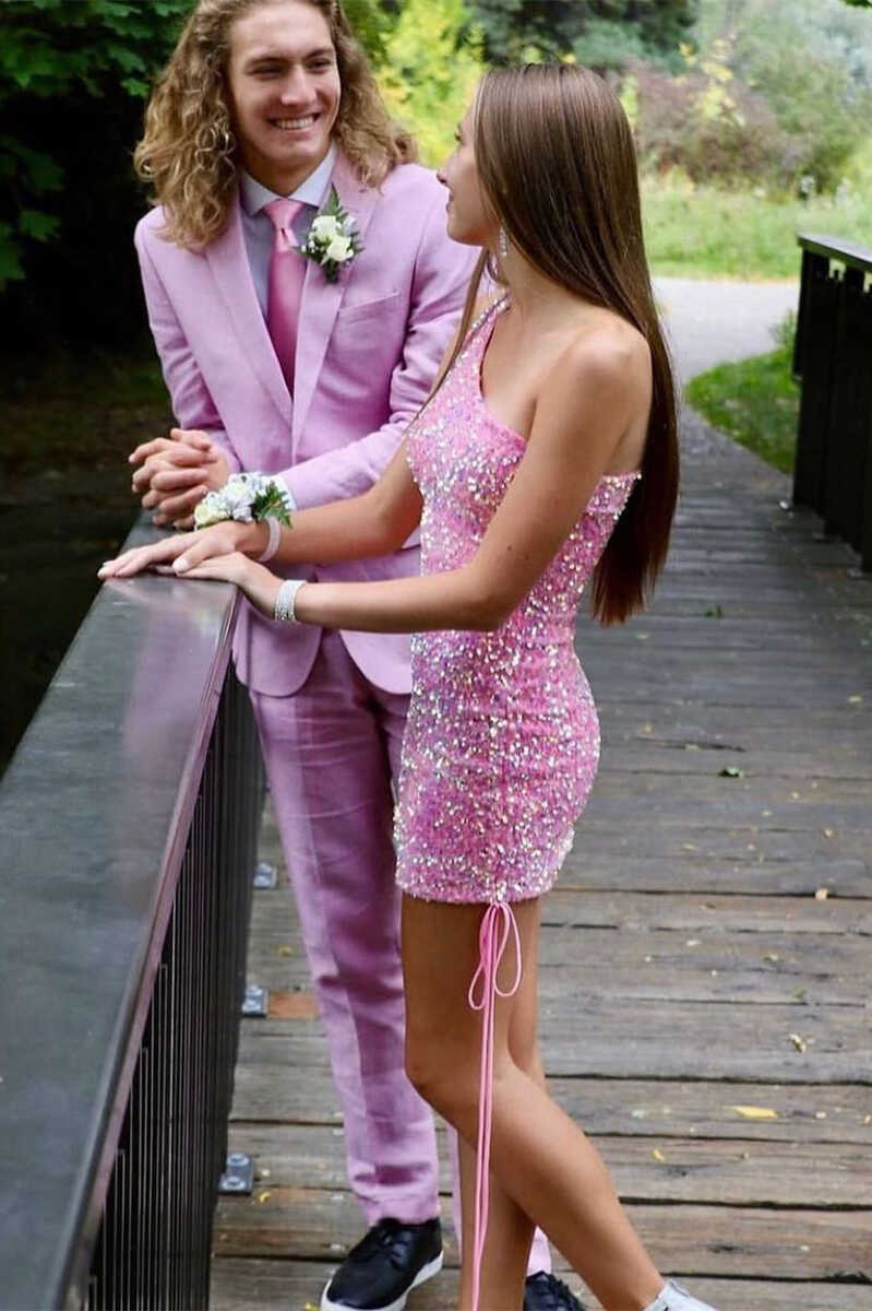 Vestido de cóctel con lentejuelas rosas de un solo hombro para noche elegante