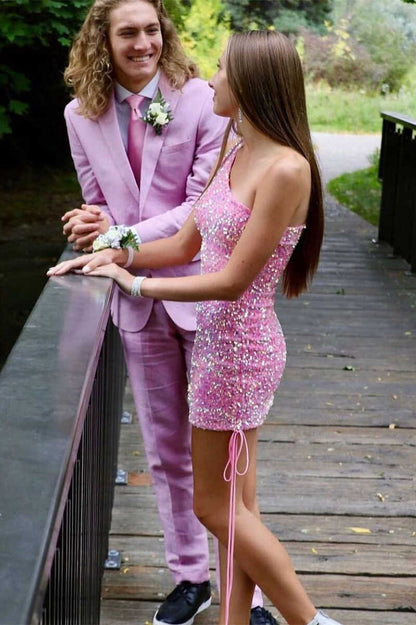 Vestido de cóctel con lentejuelas rosas de un solo hombro para noche elegante