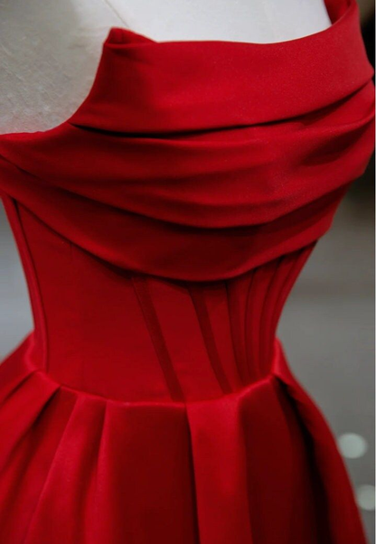 Elegante vestido de noche de satén rojo sin espalda, plisado, corte A, vestido de fiesta