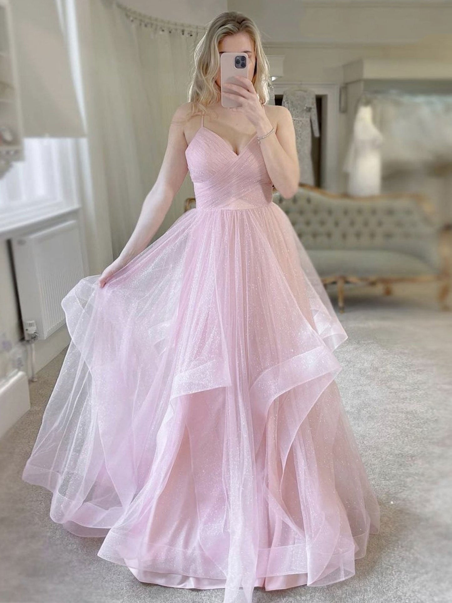 Vestido de fiesta largo de tul rosa sencillo con escote en V, vestido formal de tul rosa