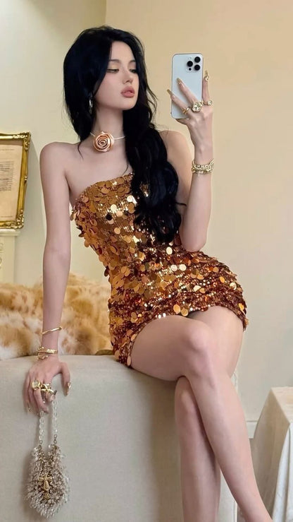 Sexy Sheath Strapless Gold Sequin Short Homecoming Dress Cocktail Dress SH3211
