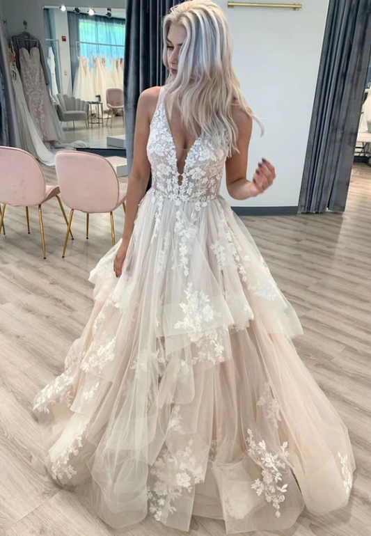 Elegant V Neck Tulle Prom Dresses, Princess Long Wedding Dresses PW469